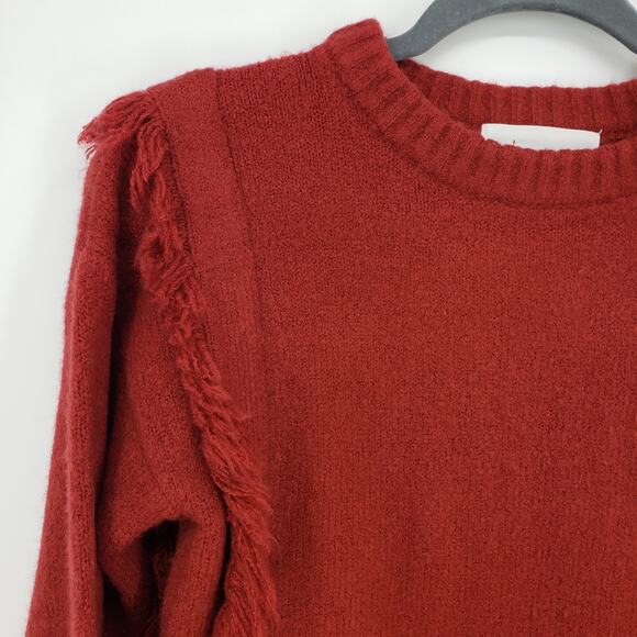Anthropologie Mazie Fringe Pullover Sweater XS Long Sleeve Cropped Boho Rust Red - Picture 7 of 12
